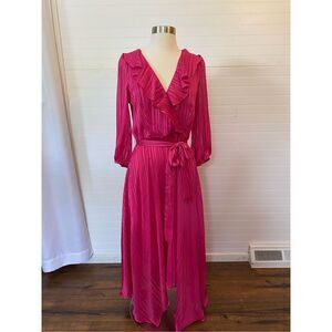 Maison Tara Satin Pink Ruffle Collar Striped Faux Wrap Dress NWOT Size 8